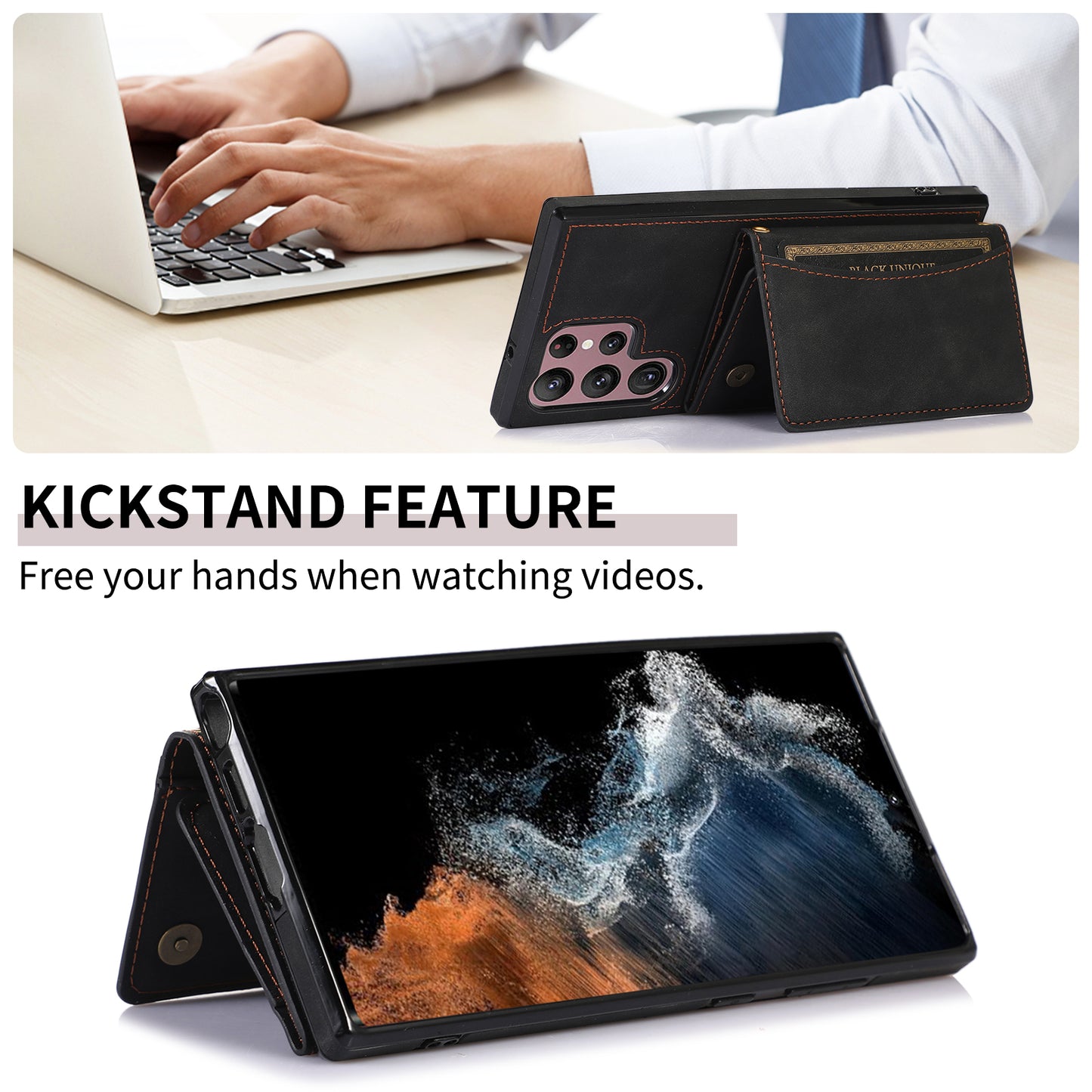 For Samsung Galaxy S24 Ultra Cell Phone Case Tri-fold Wallet Kickstand PU Leather Coated TPU Cover - Black