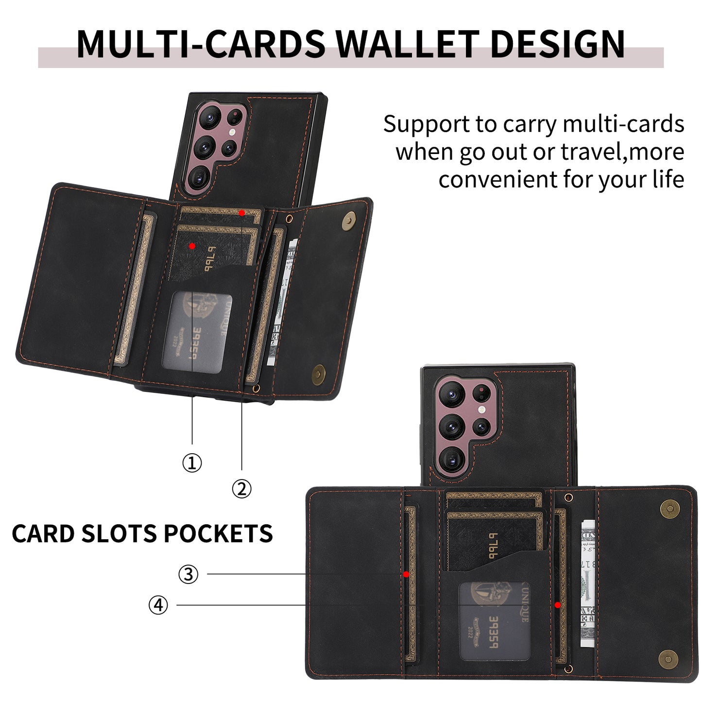 For Samsung Galaxy S24 Ultra Cell Phone Case Tri-fold Wallet Kickstand PU Leather Coated TPU Cover - Black