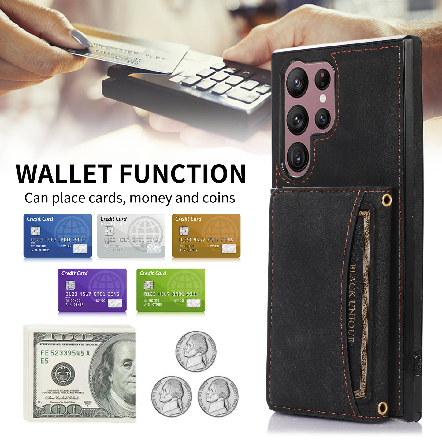 For Samsung Galaxy S24 Ultra Cell Phone Case Tri-fold Wallet Kickstand PU Leather Coated TPU Cover - Black