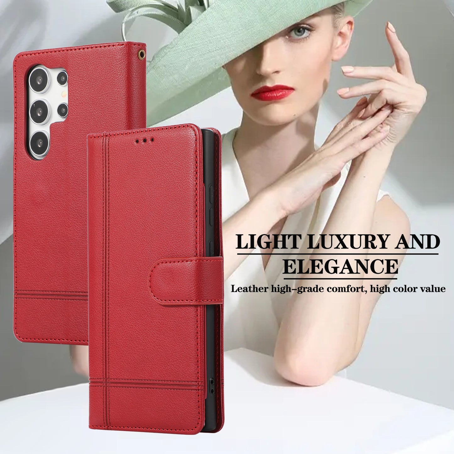 For Samsung Galaxy S24 Ultra Cell Phone Cases Folio Flip Leather Protection Cover with Mirror - Red