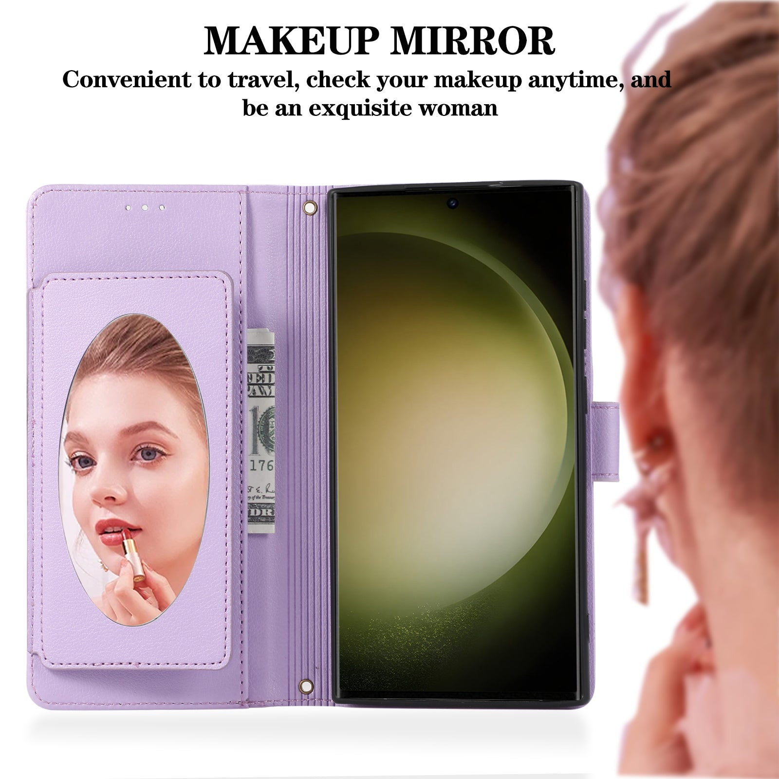 For Samsung Galaxy S24 Ultra Cell Phone Cases Folio Flip Leather Protection Cover with Mirror - Purple