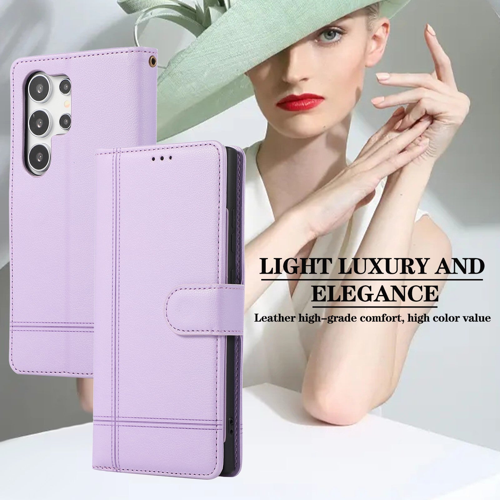 For Samsung Galaxy S24 Ultra Cell Phone Cases Folio Flip Leather Protection Cover with Mirror - Purple