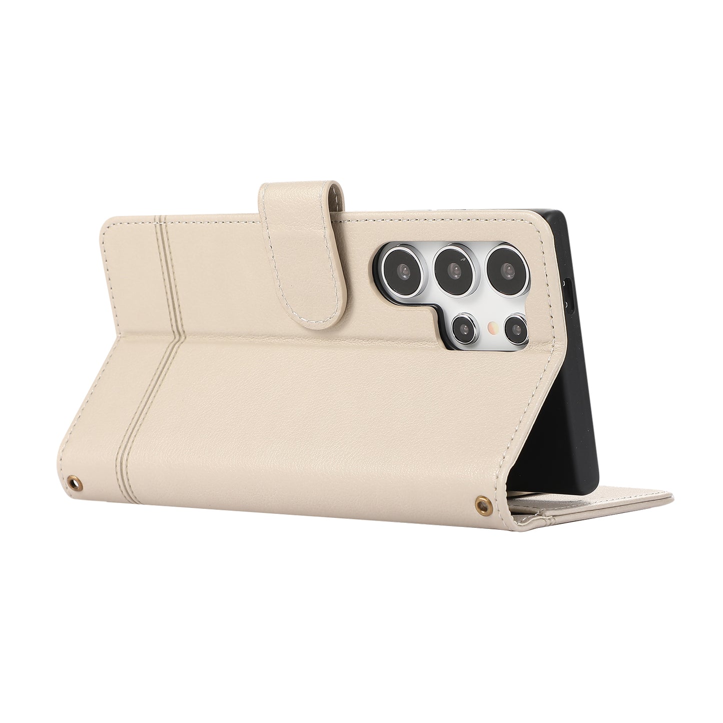 For Samsung Galaxy S24 Ultra Cell Phone Cases Folio Flip Leather Protection Cover with Mirror - Beige
