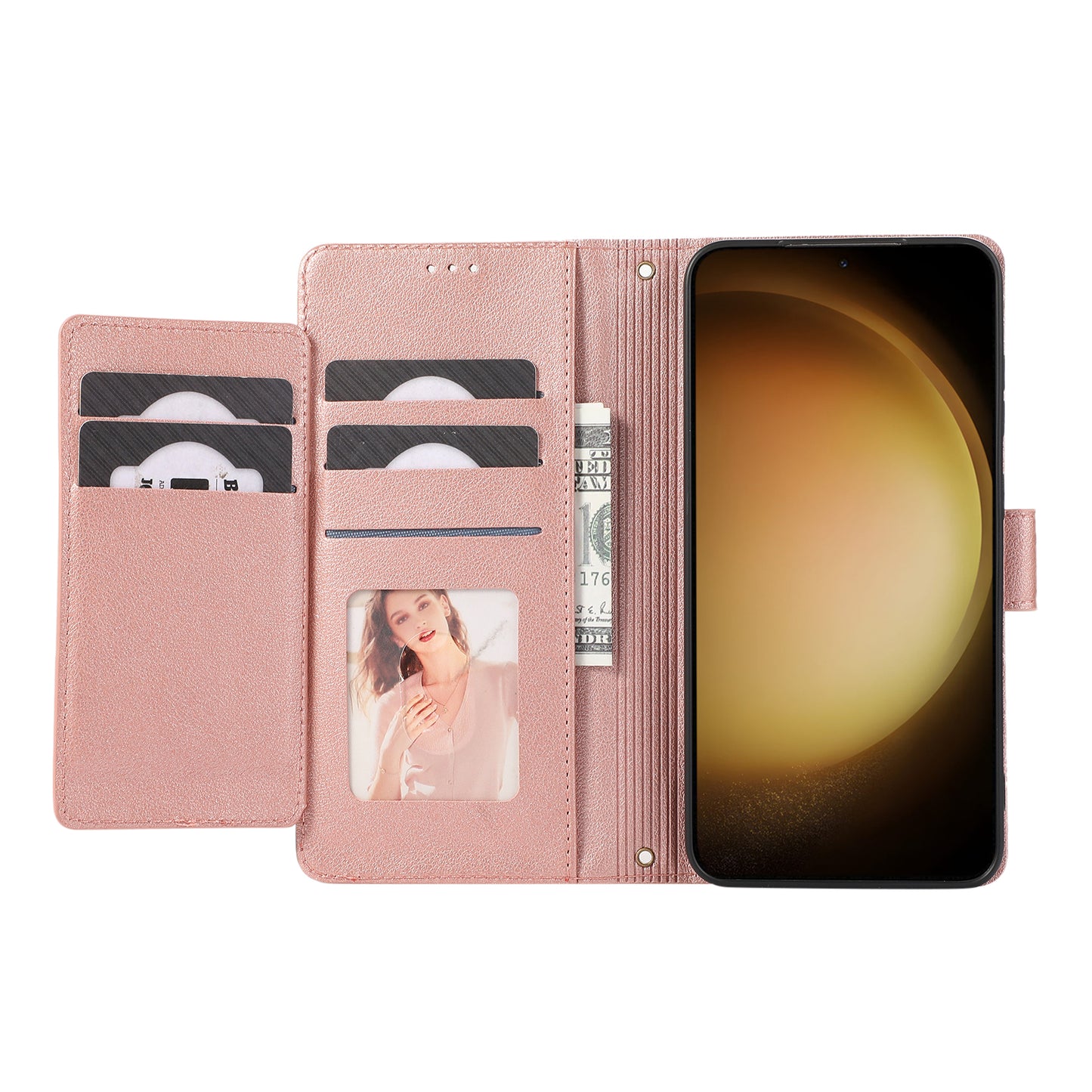 For Samsung Galaxy S24+ Case PU Leather Wallet Built-in Acrylic Mirror Phone Cover with 2 Straps - Rose Gold