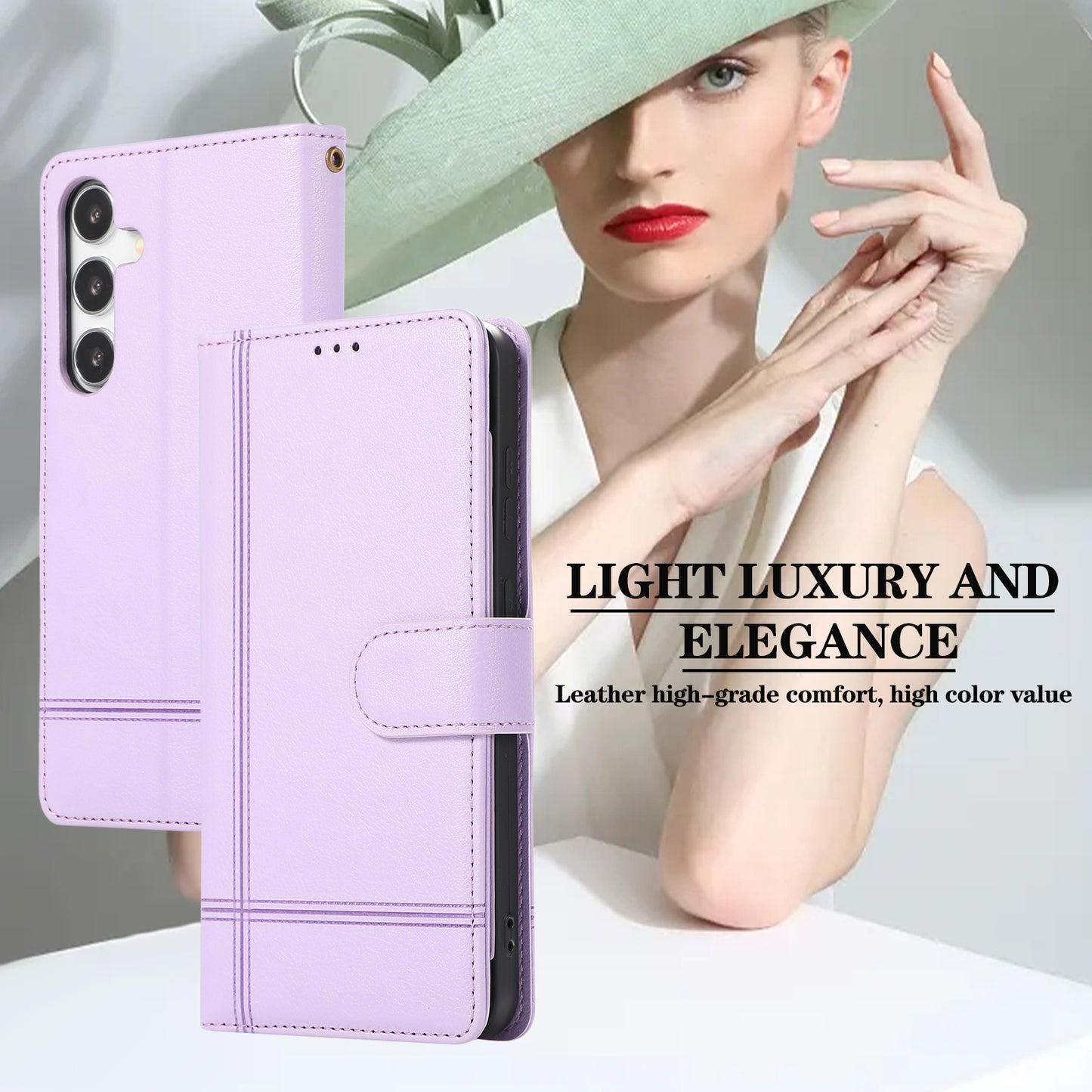 For Samsung Galaxy S24+ Case PU Leather Wallet Built-in Acrylic Mirror Phone Cover with 2 Straps - Purple