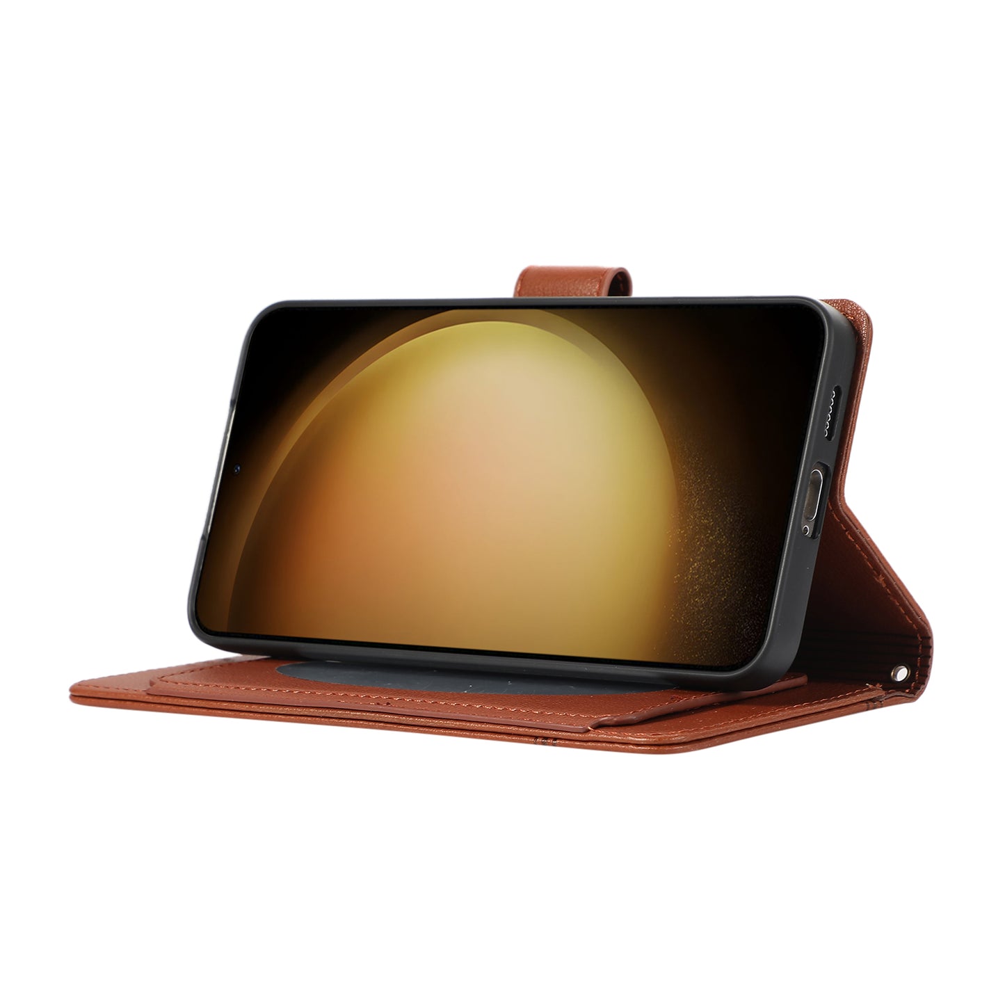For Samsung Galaxy S24+ Case PU Leather Wallet Built-in Acrylic Mirror Phone Cover with 2 Straps - Brown