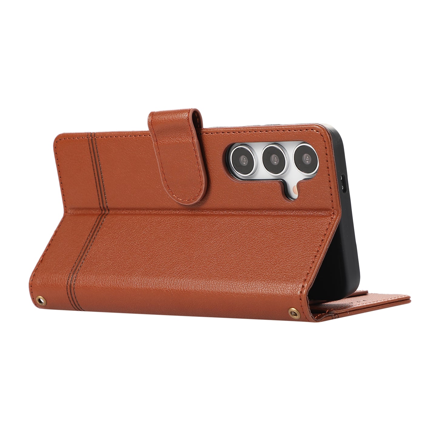 For Samsung Galaxy S24+ Case PU Leather Wallet Built-in Acrylic Mirror Phone Cover with 2 Straps - Brown