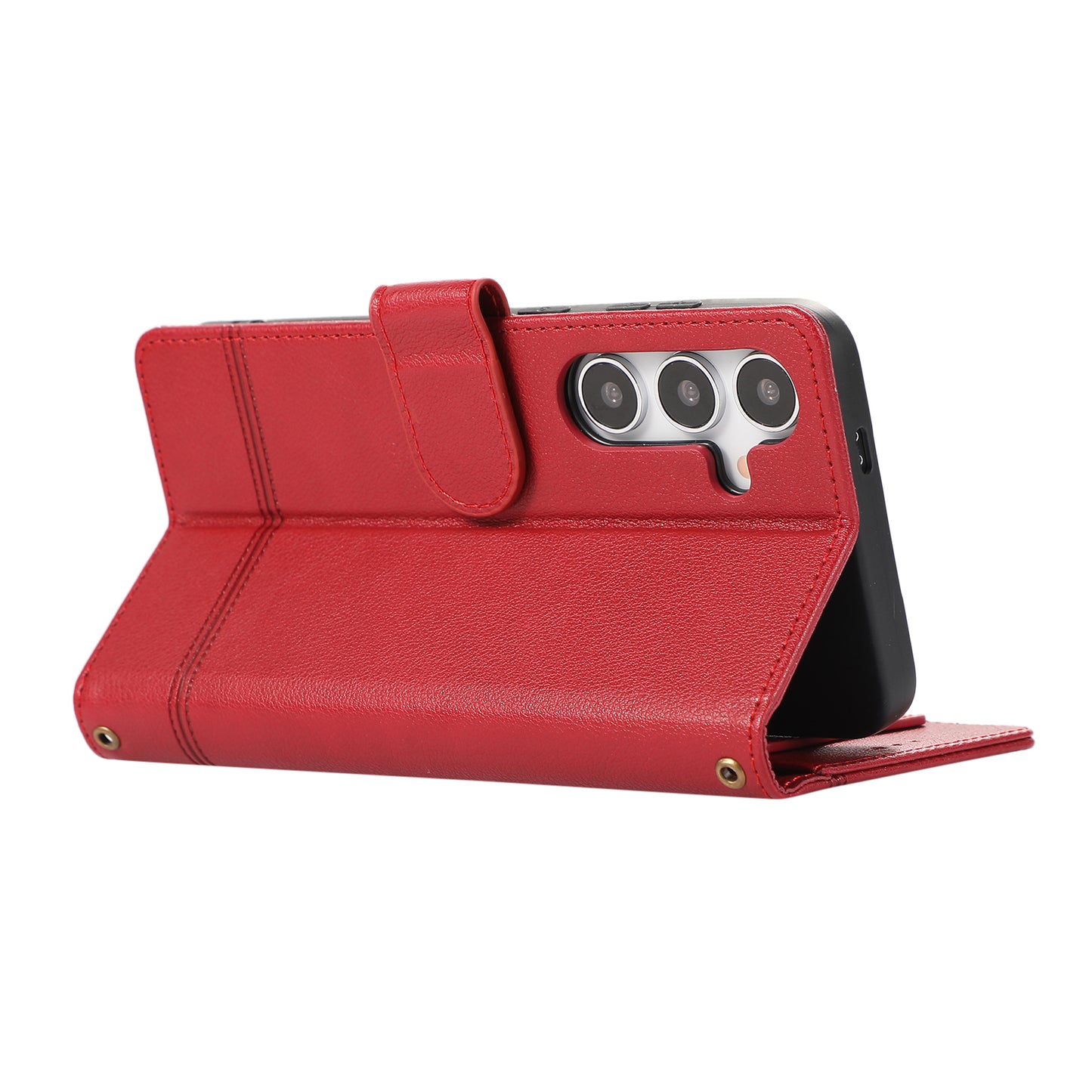 For Samsung Galaxy S24+ Case PU Leather Wallet Built-in Acrylic Mirror Phone Cover with 2 Straps - Red