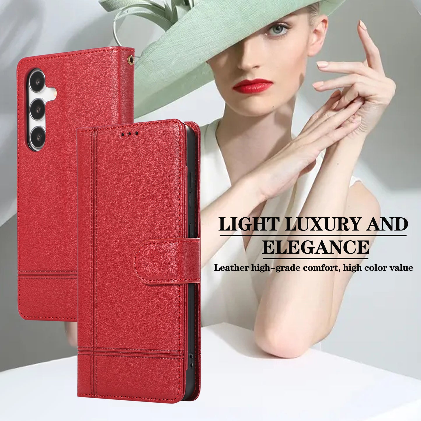 For Samsung Galaxy S24+ Case PU Leather Wallet Built-in Acrylic Mirror Phone Cover with 2 Straps - Red