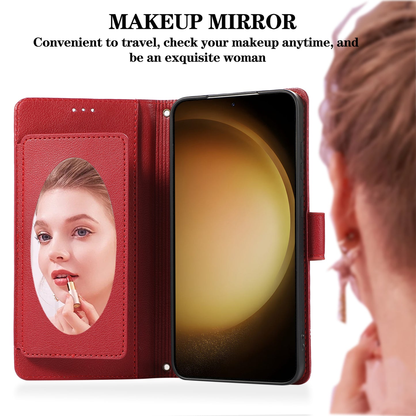 For Samsung Galaxy S24+ Case PU Leather Wallet Built-in Acrylic Mirror Phone Cover with 2 Straps - Red