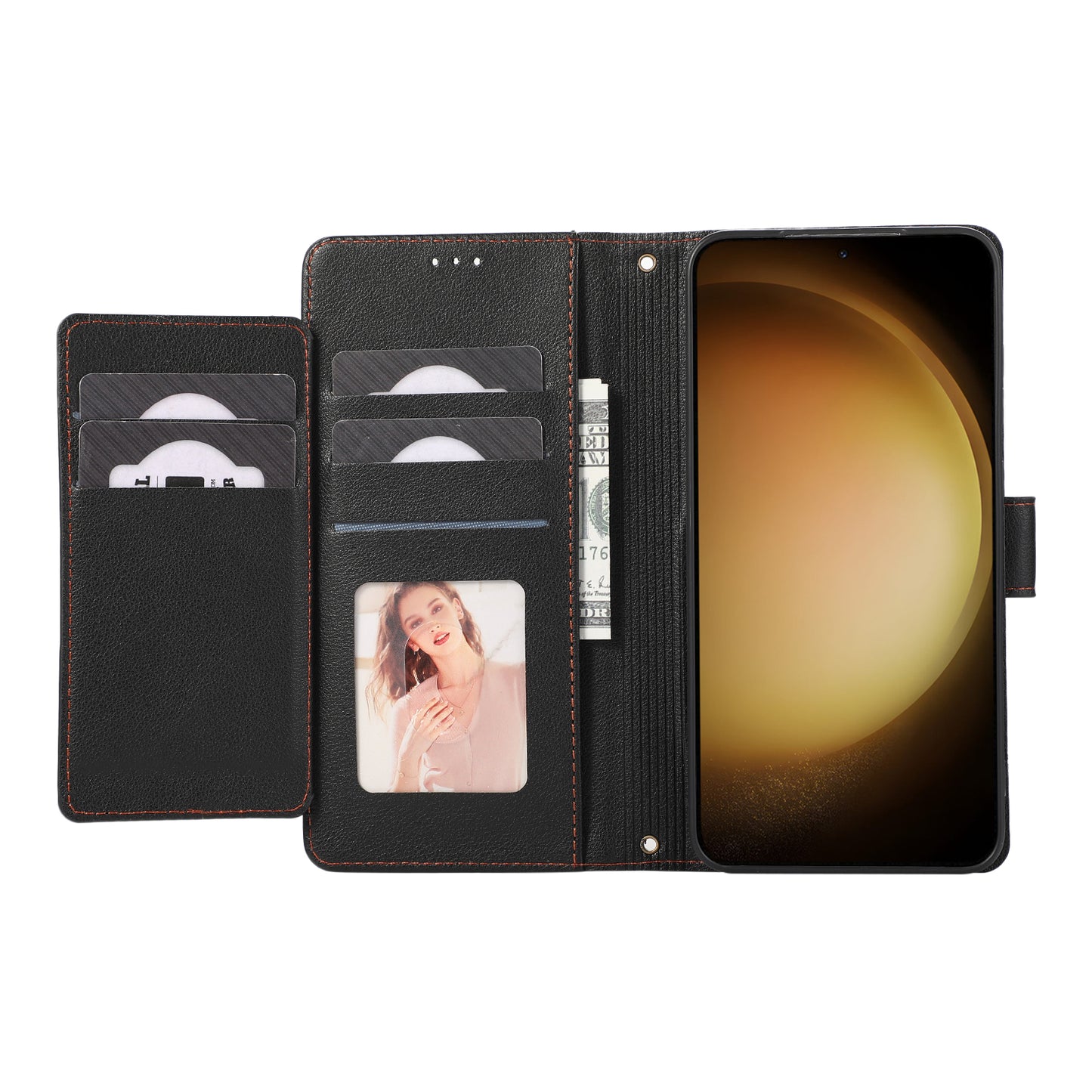 For Samsung Galaxy S24 Cell Phone Case PU Leather Stand Drop-proof Wallet Cover with 2 Straps - Black