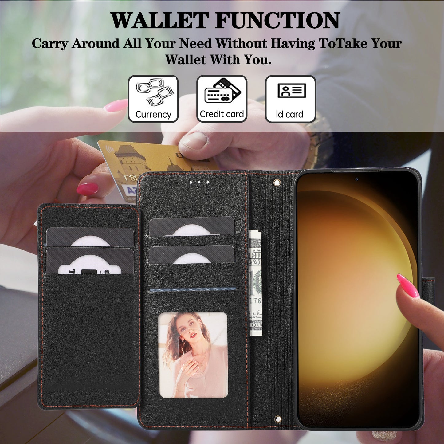 For Samsung Galaxy S24 Cell Phone Case PU Leather Stand Drop-proof Wallet Cover with 2 Straps - Black