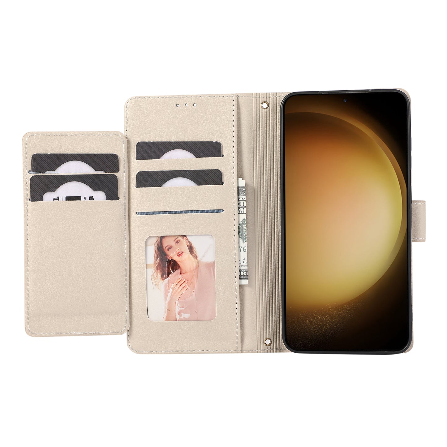 For Samsung Galaxy S24 Cell Phone Case PU Leather Stand Drop-proof Wallet Cover with 2 Straps - Beige