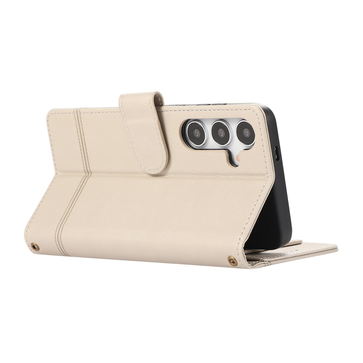 For Samsung Galaxy S24 Cell Phone Case PU Leather Stand Drop-proof Wallet Cover with 2 Straps - Beige