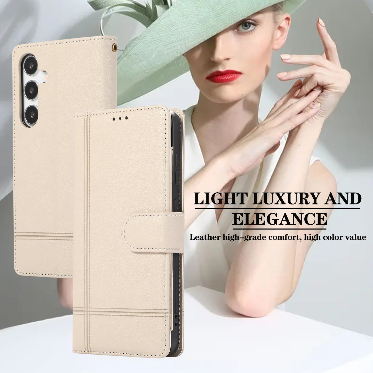 For Samsung Galaxy S24 Cell Phone Case PU Leather Stand Drop-proof Wallet Cover with 2 Straps - Beige