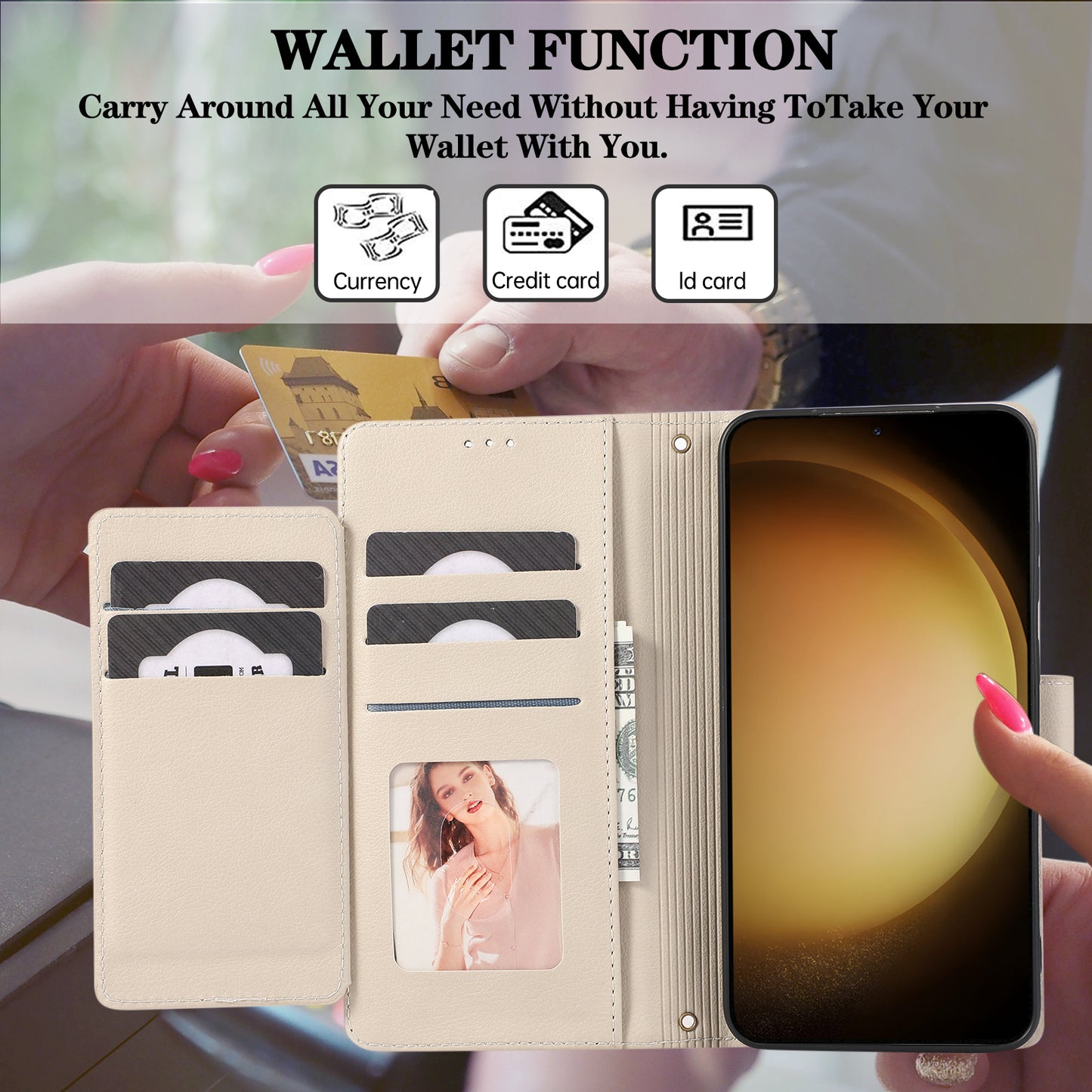 For Samsung Galaxy S24 Cell Phone Case PU Leather Stand Drop-proof Wallet Cover with 2 Straps - Beige
