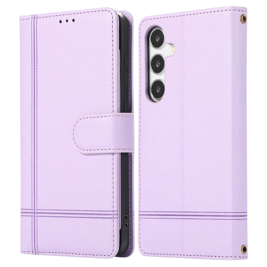For Samsung Galaxy S24 Cell Phone Case PU Leather Stand Drop-proof Wallet Cover with 2 Straps - Purple