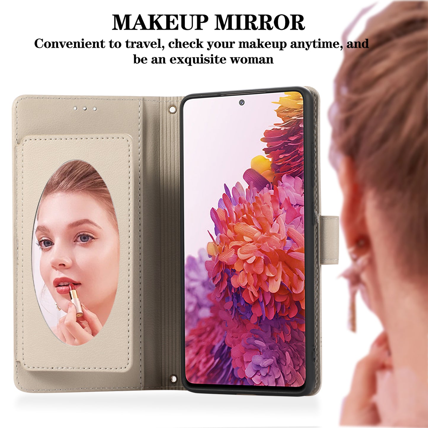 For Samsung Galaxy S20 FE 4G / S20 FE 5G / S20 Lite / S20 FE 2022 Case Leather Wallet Phone Cover with Mirror - Beige