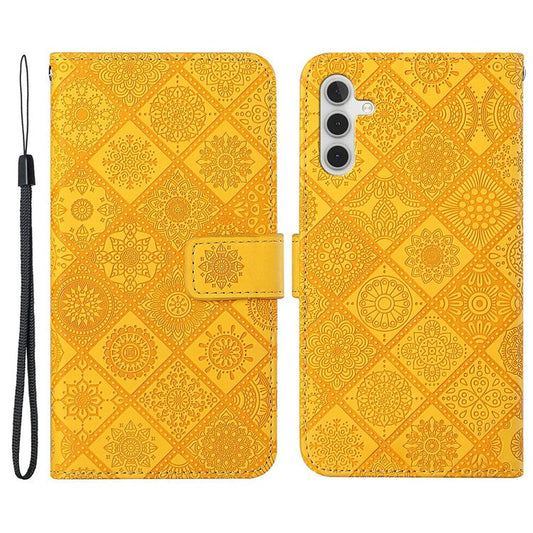 For Samsung Galaxy A35 5G Cell Phone Case Imprinted Ethnic Flower Leather Wallet Stand Cover - Yellow