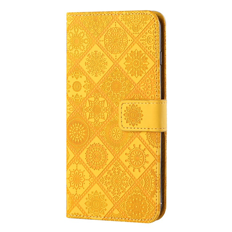 For Samsung Galaxy A35 5G Cell Phone Case Imprinted Ethnic Flower Leather Wallet Stand Cover - Yellow