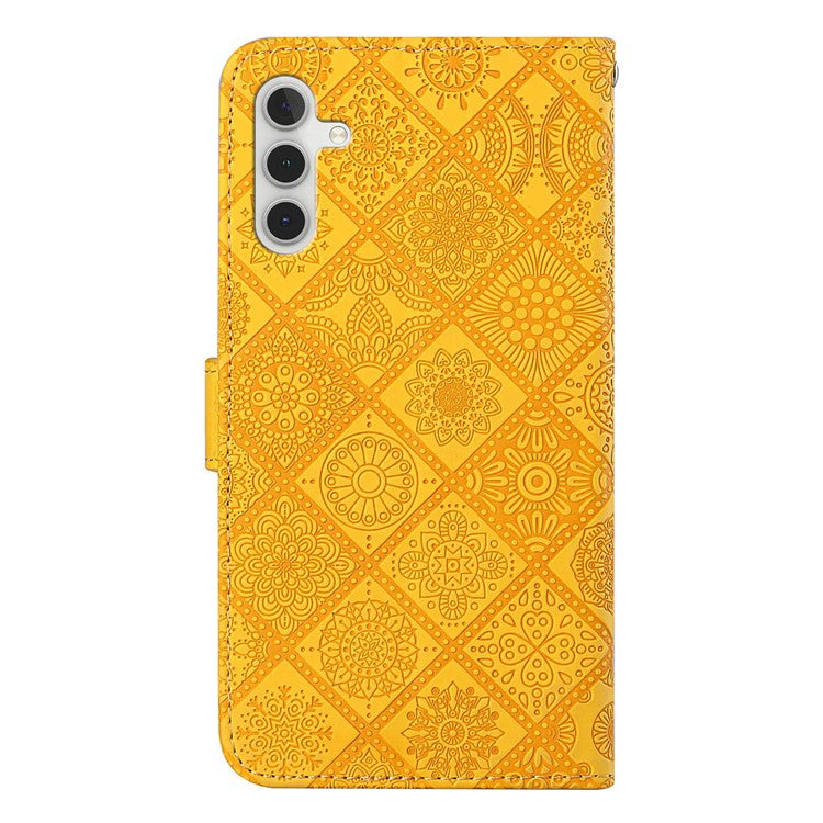 For Samsung Galaxy A35 5G Cell Phone Case Imprinted Ethnic Flower Leather Wallet Stand Cover - Yellow