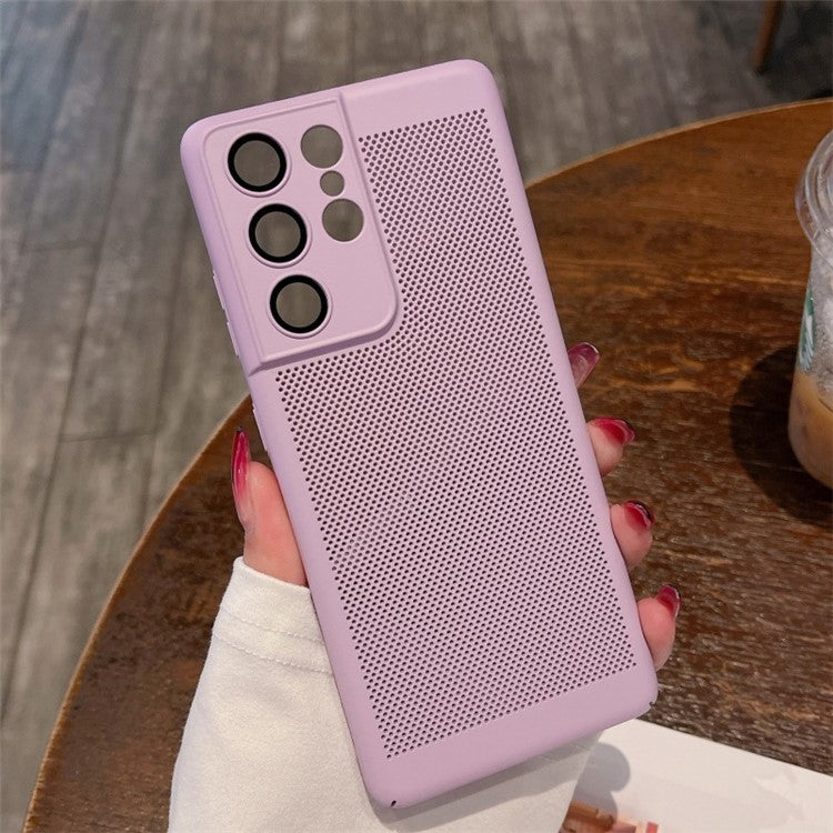 For Samsung Galaxy S22 Ultra 5G Heat Dissipation Phone Case Glass Lens Protector PC Cover - Taro Purple