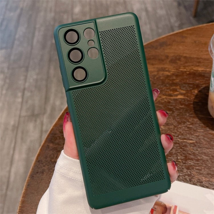 For Samsung Galaxy S23 Ultra PC Phone Case with Heat Dissipation Holes and Glass Lens Protector - Blackish Green