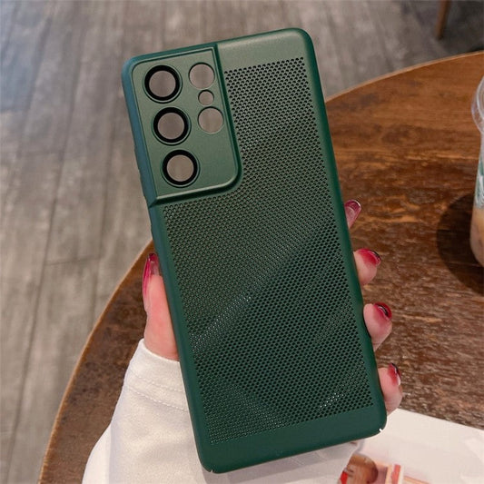 For Samsung Galaxy S23 Ultra PC Phone Case with Heat Dissipation Holes and Glass Lens Protector - Blackish Green