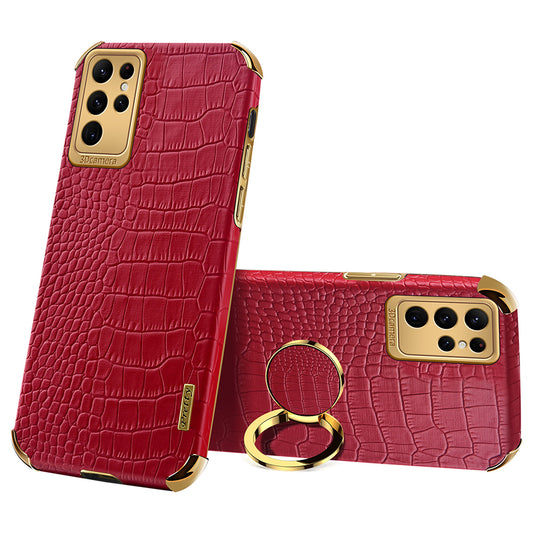 For Samsung Galaxy S24 Ultra Cell Phone Case Crocodile Texture Ring Kickstand Leather+TPU Cover - Red