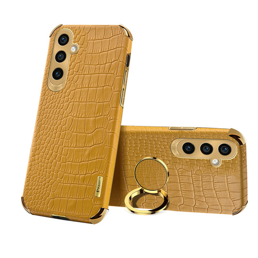 For Samsung Galaxy S24+ Cell Phone Case Crocodile Texture Leather+TPU Back Cover with Ring Kickstand - Yellow