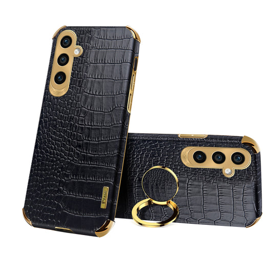 For Samsung Galaxy S24 Case Crocodile Texture Electroplated Leather+TPU Phone Cover with Kickstand - Black