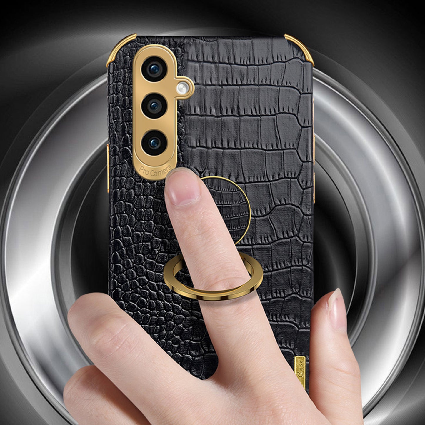 For Samsung Galaxy S24 Case Crocodile Texture Electroplated Leather+TPU Phone Cover with Kickstand - Black