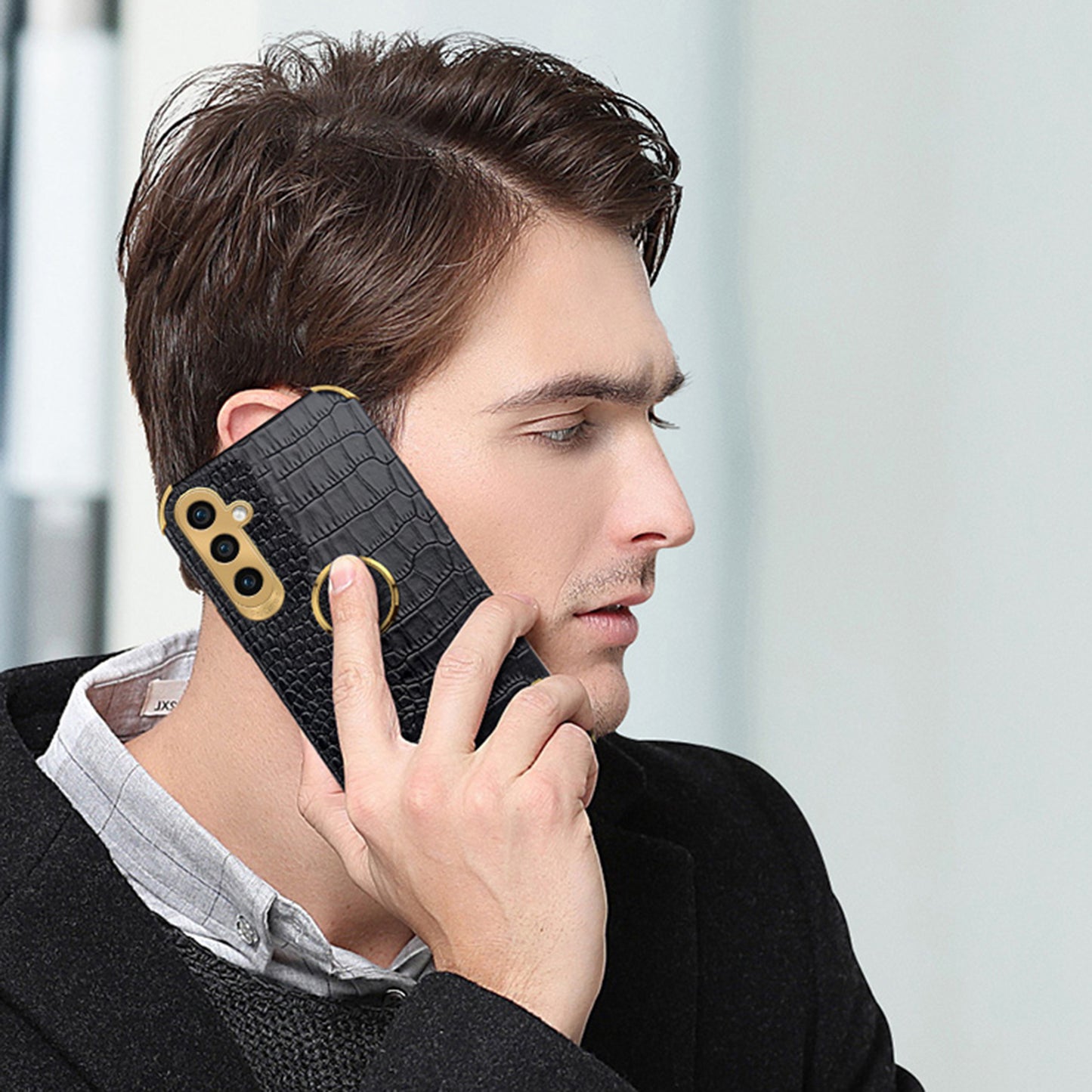 For Samsung Galaxy S24 Case Crocodile Texture Electroplated Leather+TPU Phone Cover with Kickstand - Black