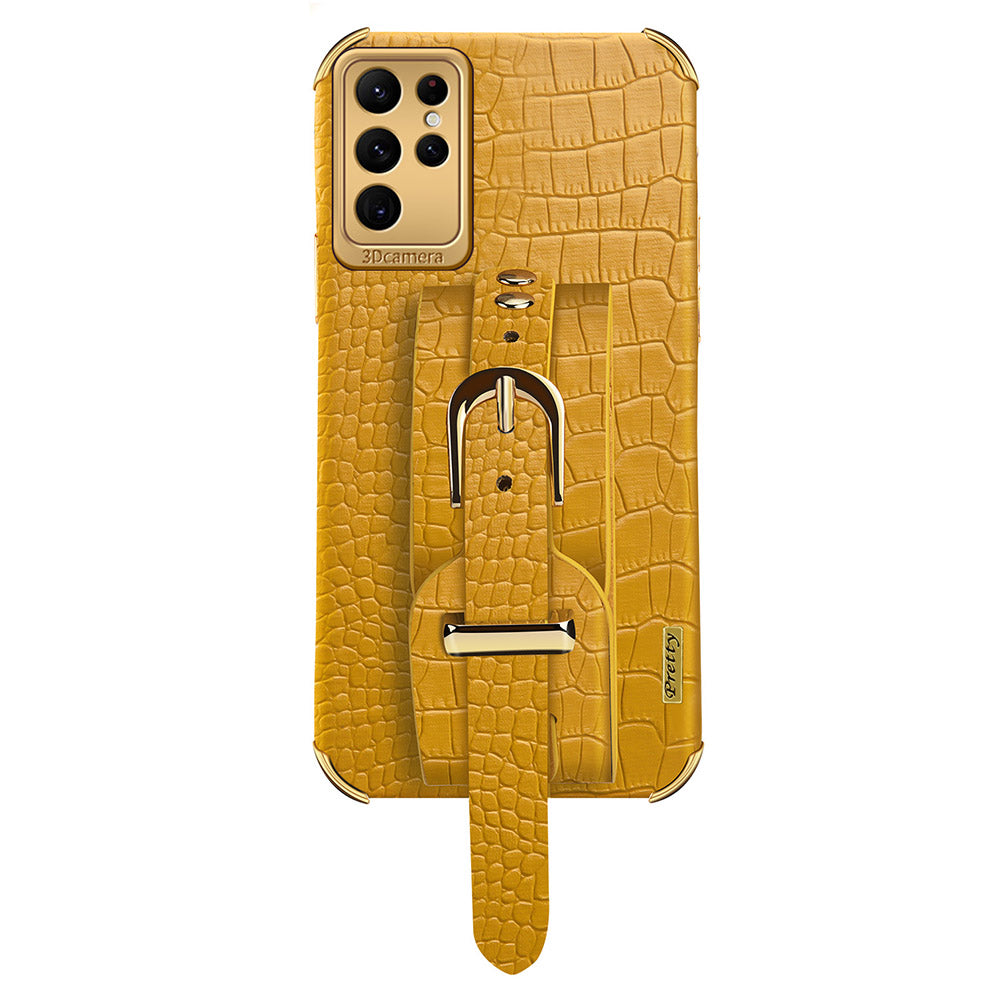 For Samsung Galaxy S24 Ultra Cell Phone Case Electroplating Leather+TPU Cover with Wristband - Yellow