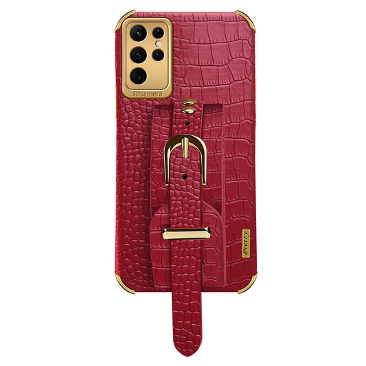 For Samsung Galaxy S24 Ultra Cell Phone Case Electroplating Leather+TPU Cover with Wristband - Red