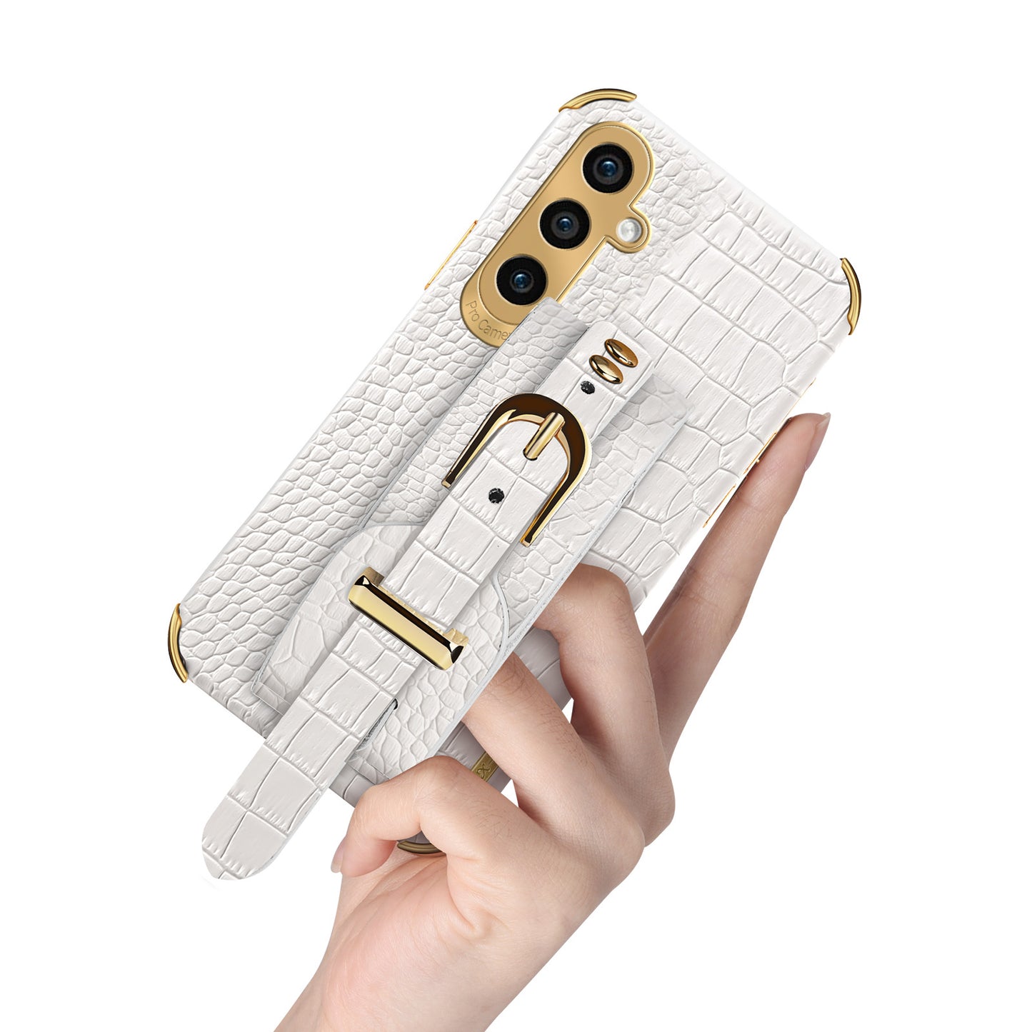 For Samsung Galaxy S24 Cell Phone Case Wristband Design 6D Electroplating Crocodile Texture Back Cover - Yellow