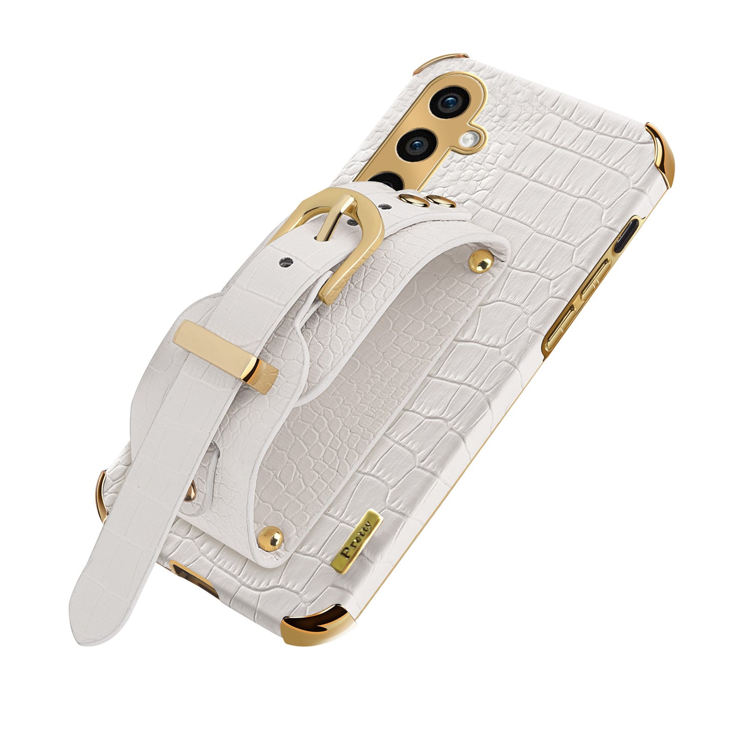 For Samsung Galaxy S24 Cell Phone Case Wristband Design 6D Electroplating Crocodile Texture Back Cover - Yellow