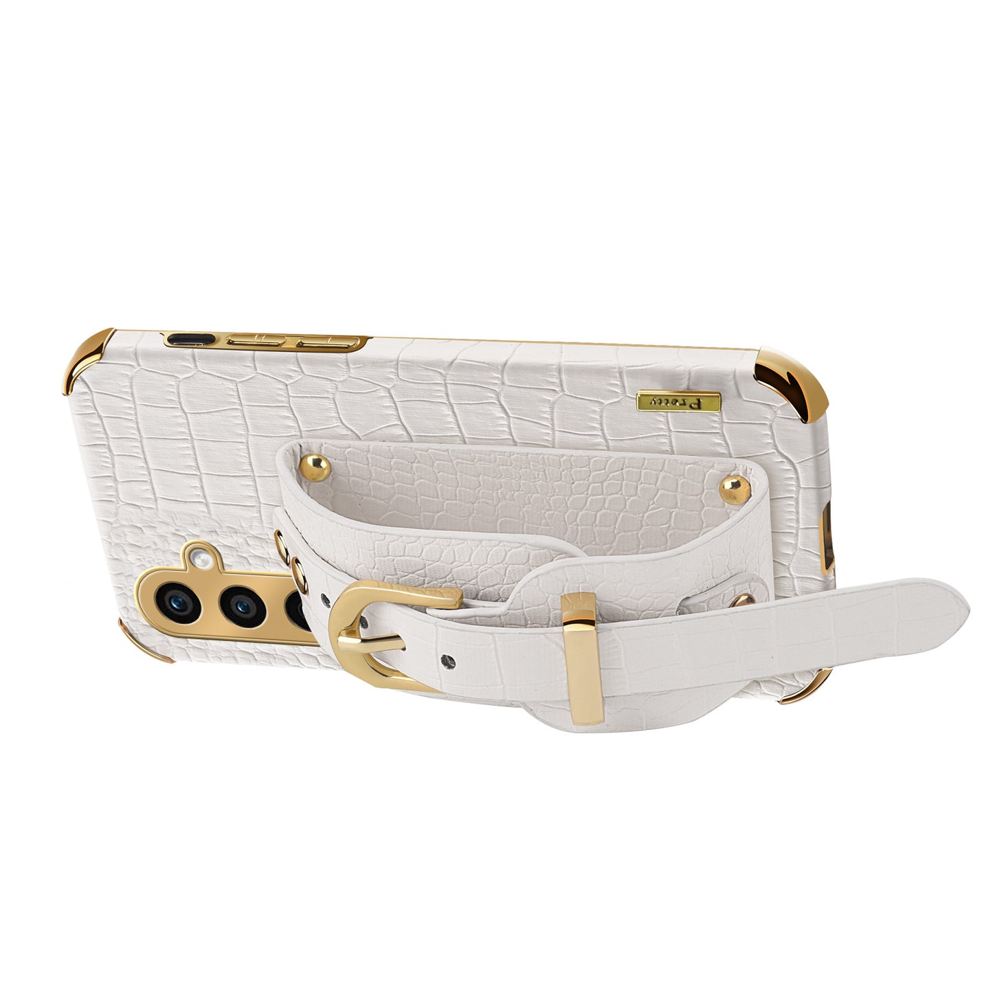 For Samsung Galaxy S24 Cell Phone Case Wristband Design 6D Electroplating Crocodile Texture Back Cover - White