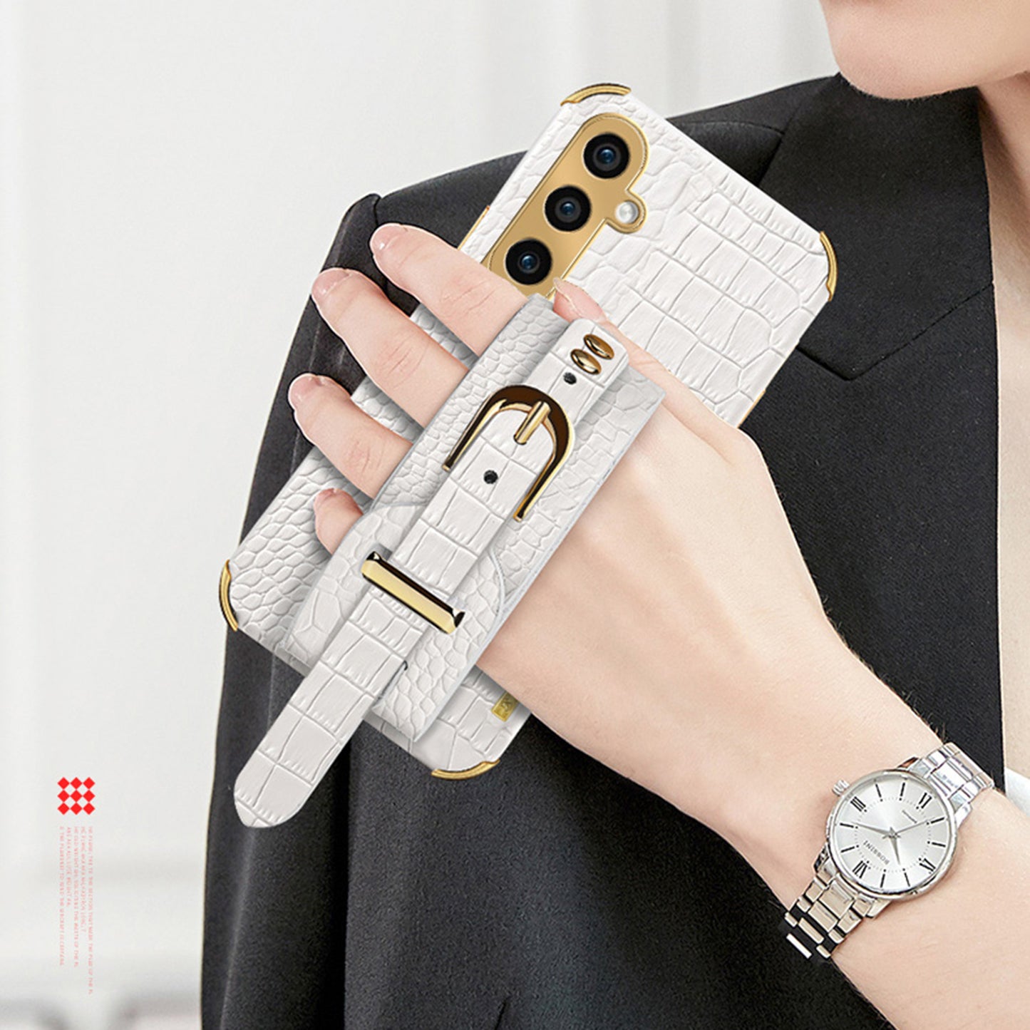 For Samsung Galaxy S24 Cell Phone Case Wristband Design 6D Electroplating Crocodile Texture Back Cover - White