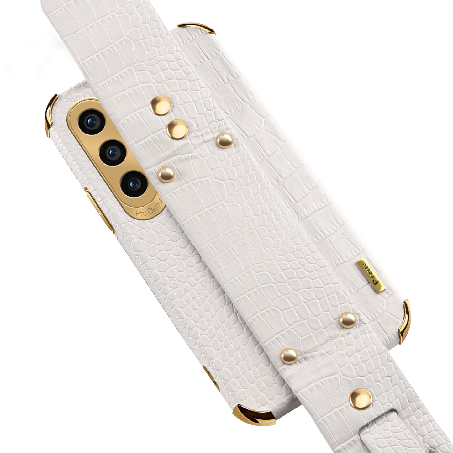 For Samsung Galaxy S24 Cell Phone Case Wristband Design 6D Electroplating Crocodile Texture Back Cover - White