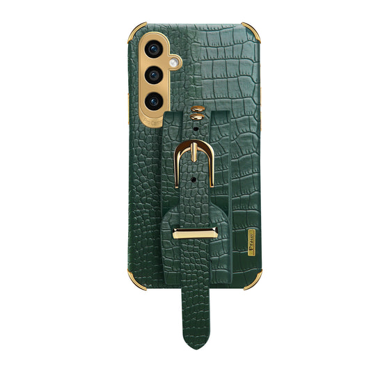 For Samsung Galaxy S24 Cell Phone Case Wristband Design 6D Electroplating Crocodile Texture Back Cover - Green