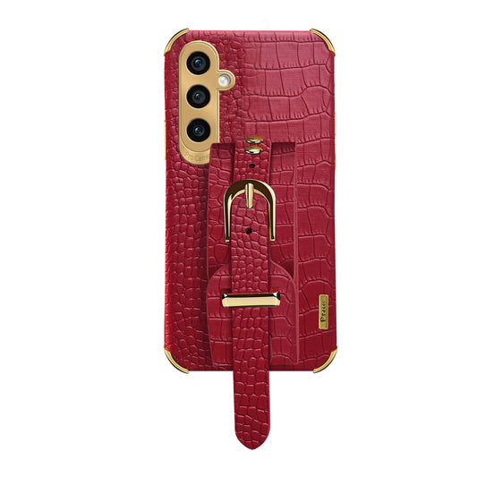 For Samsung Galaxy S24 Cell Phone Case Wristband Design 6D Electroplating Crocodile Texture Back Cover - Red