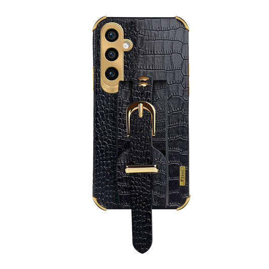 For Samsung Galaxy S24 Cell Phone Case Wristband Design 6D Electroplating Crocodile Texture Back Cover - Black