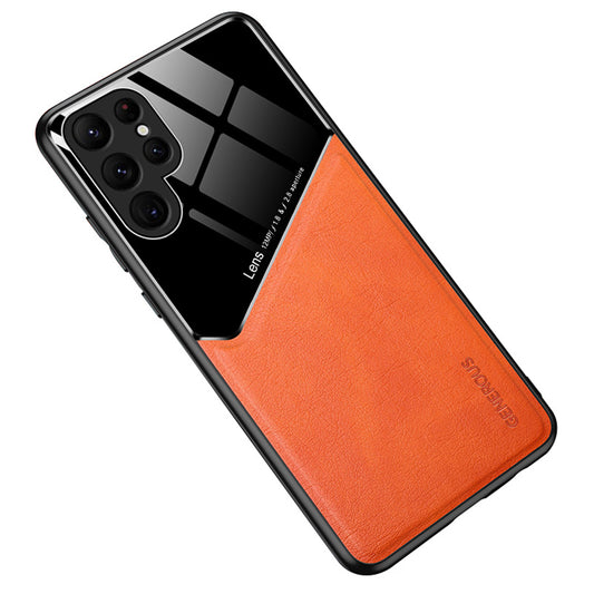 For Samsung Galaxy S24 Ultra Case Magnetic Car Mount Back Guard PU+TPU+PC Cover - Orange