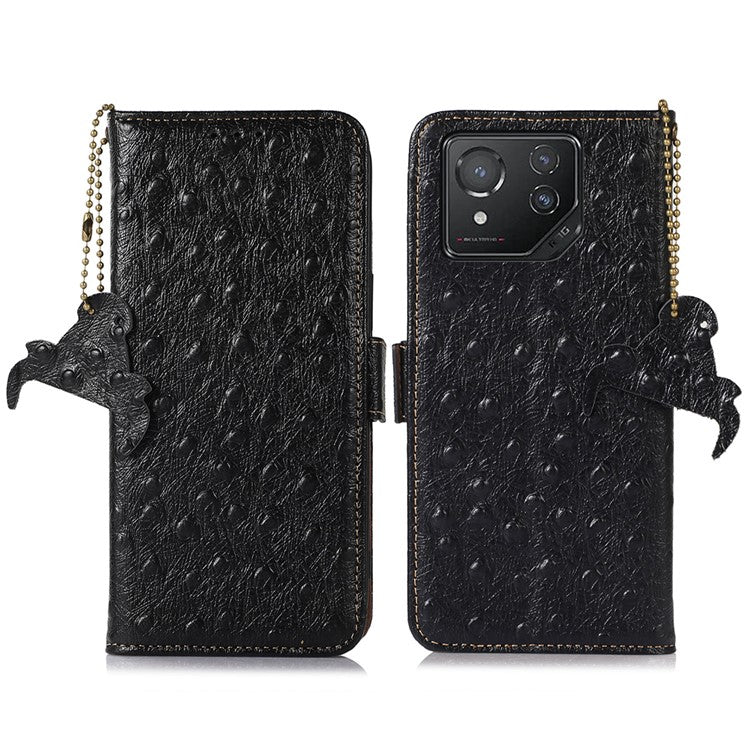 For Asus ROG Phone 8 5G / Phone 8 Pro 5G Ostrich Texture Wallet Case Genuine Cow Leather Phone Cover - Black
