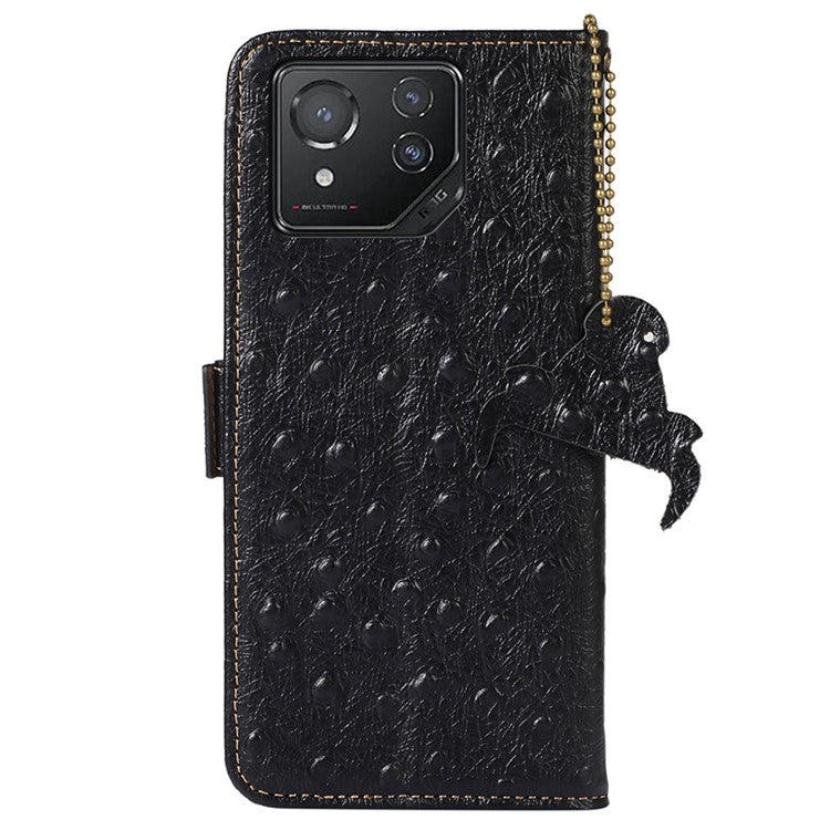 For Asus ROG Phone 8 5G / Phone 8 Pro 5G Ostrich Texture Wallet Case Genuine Cow Leather Phone Cover - Black