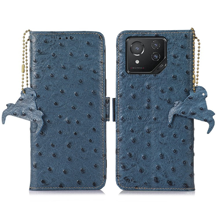 For Asus ROG Phone 8 5G / Phone 8 Pro 5G Ostrich Texture Wallet Case Genuine Cow Leather Phone Cover - Blue