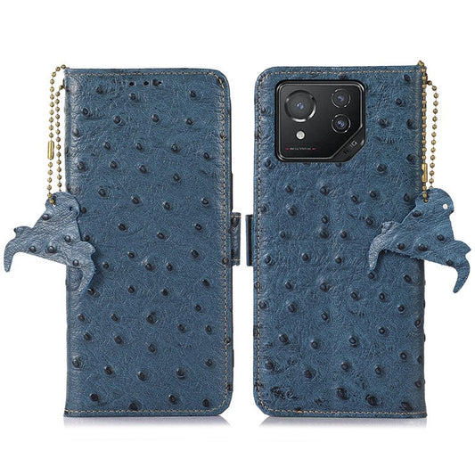 For Asus ROG Phone 8 5G / Phone 8 Pro 5G Ostrich Texture Wallet Case Genuine Cow Leather Phone Cover - Blue