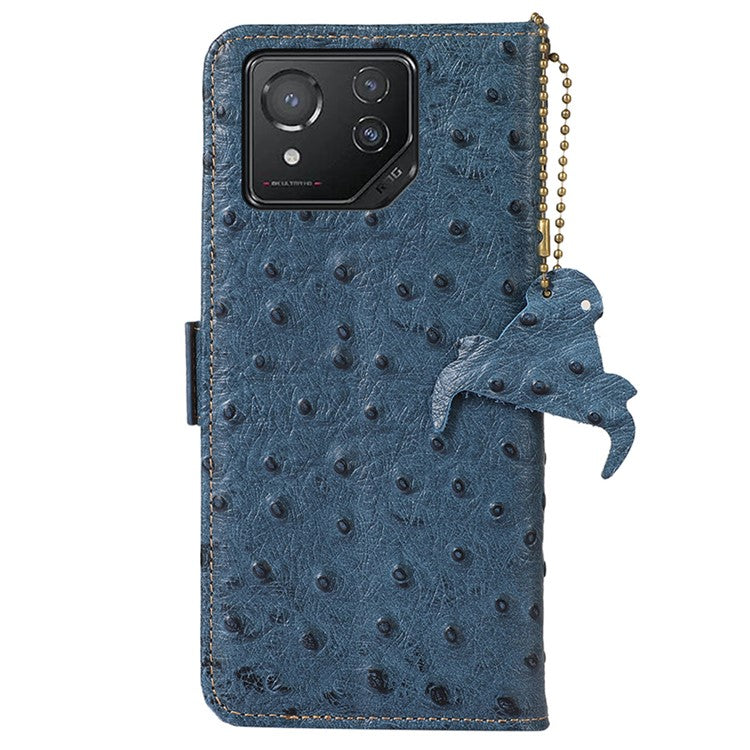 For Asus ROG Phone 8 5G / Phone 8 Pro 5G Ostrich Texture Wallet Case Genuine Cow Leather Phone Cover - Blue