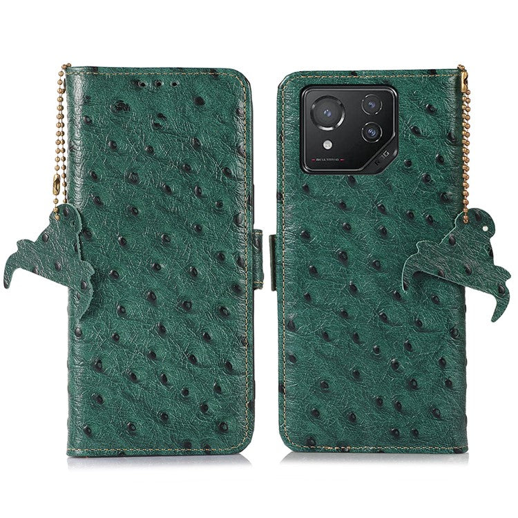 For Asus ROG Phone 8 5G / Phone 8 Pro 5G Ostrich Texture Wallet Case Genuine Cow Leather Phone Cover - Green